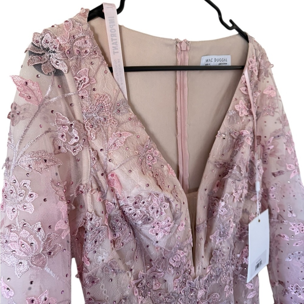 NEW Mac Duggal Pink Floral Applique Long Sleeve Illusion Gown - Picture 3 of 7